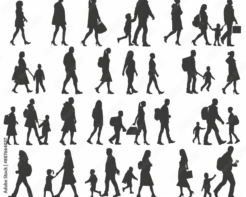 People in motion - silhouettes - black - modern, varying ages, generational, young and old, active and in motion. People in motion - silhouettes - black - modern, varying ages, generational, young and old, active and in motion.