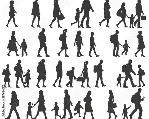 People in motion - silhouettes - black - modern, varying ages, generational, young and old, active and in motion.