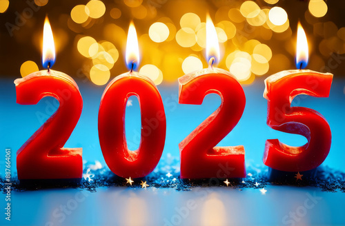 Festive background Happy New Year 2025 with bokeh. Red burning candles in the form of the numbers 2025 on a golden festive blurred background. Concept of Christmas and New Year holidays.