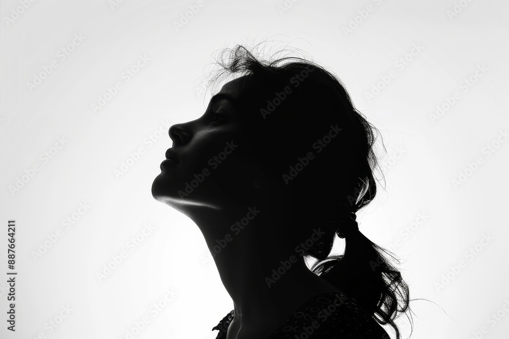 In profile, a young woman's head can be seen on a white background.