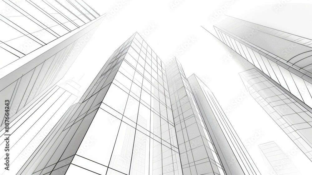 Fototapeta premium Sketch of a sci-fi novel's futuristic cityscape, with sleek, towering buildings and advanced technology, rendered in fine, precise lines