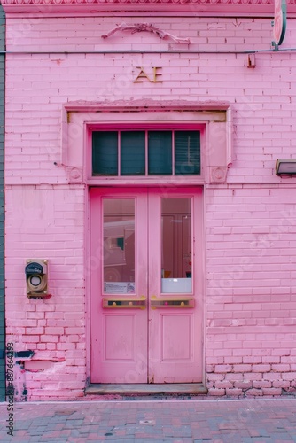 Soft pink painted storefront, its gentle hue enhancing the character of the brick wall facade, creating a picturesque urban setting. © Love Allah