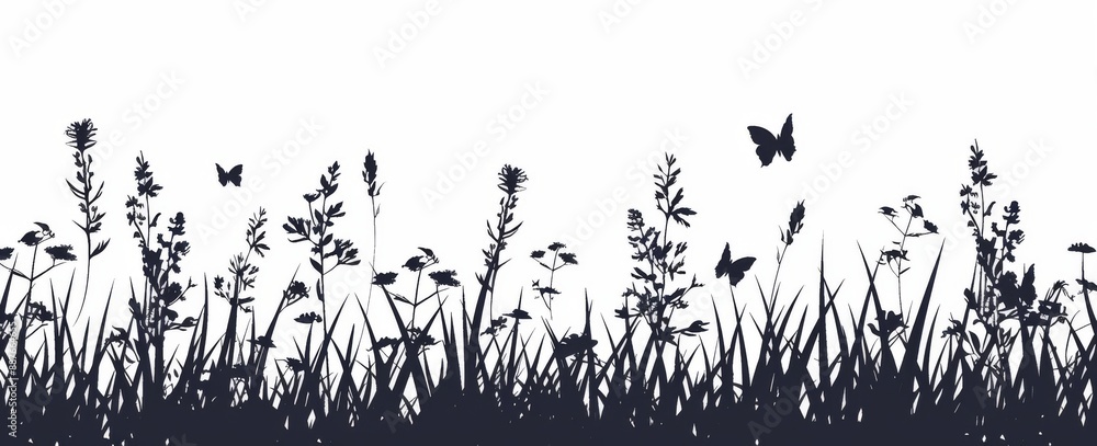 A hand-drawn black silhouette of grass, flowers, and herbs with insects on white. A hand-drawn black silhouette of grass, flowers, and herbs with insects on white.