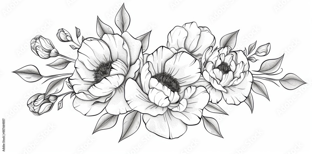 Fototapeta premium A pink peony flower arrangement drawn within a white background. A silhouette botanical element which can be used for weddings, invitation frames, modern illustrations, etc.