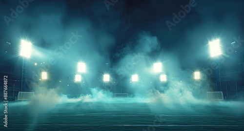 The cricket stadium sports background with smoke and lighting has a copy space