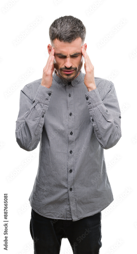 Young hipster man with hand on head for pain in head because stress. Suffering migraine. Young hipster man with hand on head for pain in head because stress. Suffering migraine.