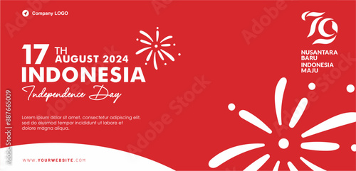 Simple elegant 79th Indonesia Independence Day 2024 celebration banner with 79 logo and fireworks illustration. Best for company greeting, poster, background and social media feed. 