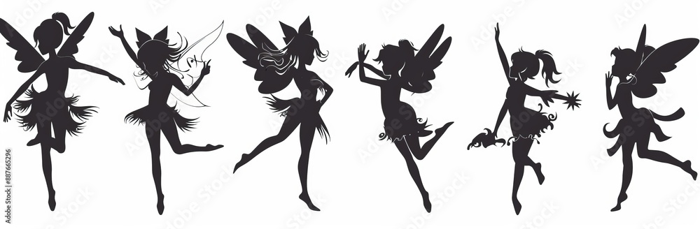 An isolated white background shows off a large collection of fairy magic silhouettes An isolated white background shows off a large collection of fairy magic silhouettes