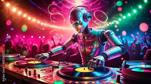 Robot DJ android disc jockey playing music turntables passionately at vivid party in a night dance club, poster illustration banner music events and night dance music clubs