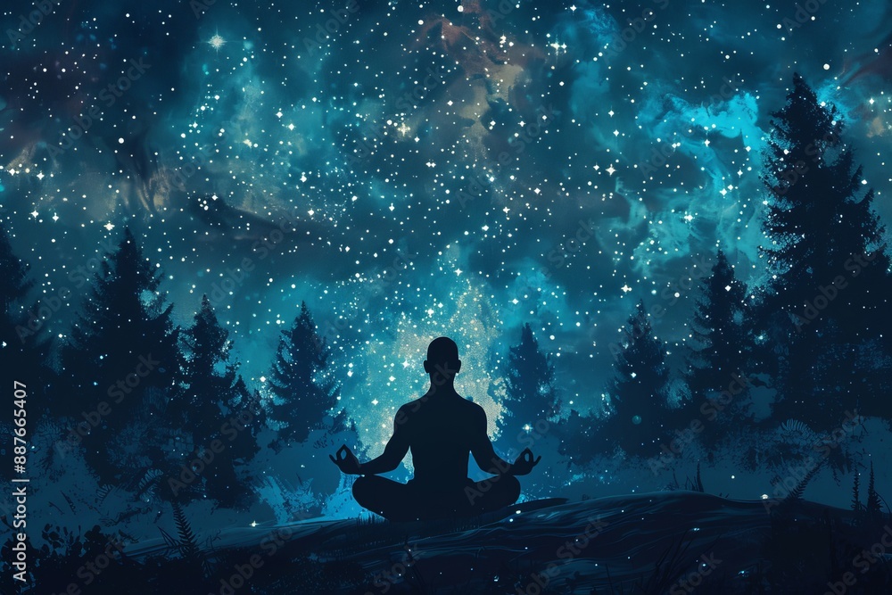 An ai-generated silhouette of a man practicing yoga in cosmic space at night. An ai-generated silhouette of a man practicing yoga in cosmic space at night.