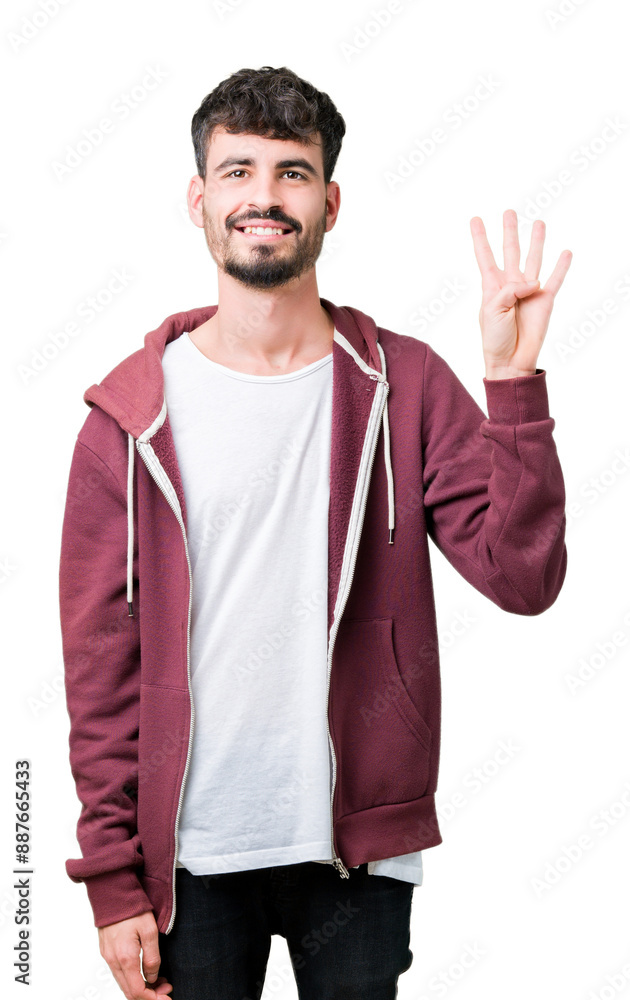 Young handsome man over isolated background showing and pointing up with fingers number four while smiling confident and happy. Young handsome man over isolated background showing and pointing up with fingers number four while smiling confident and happy.