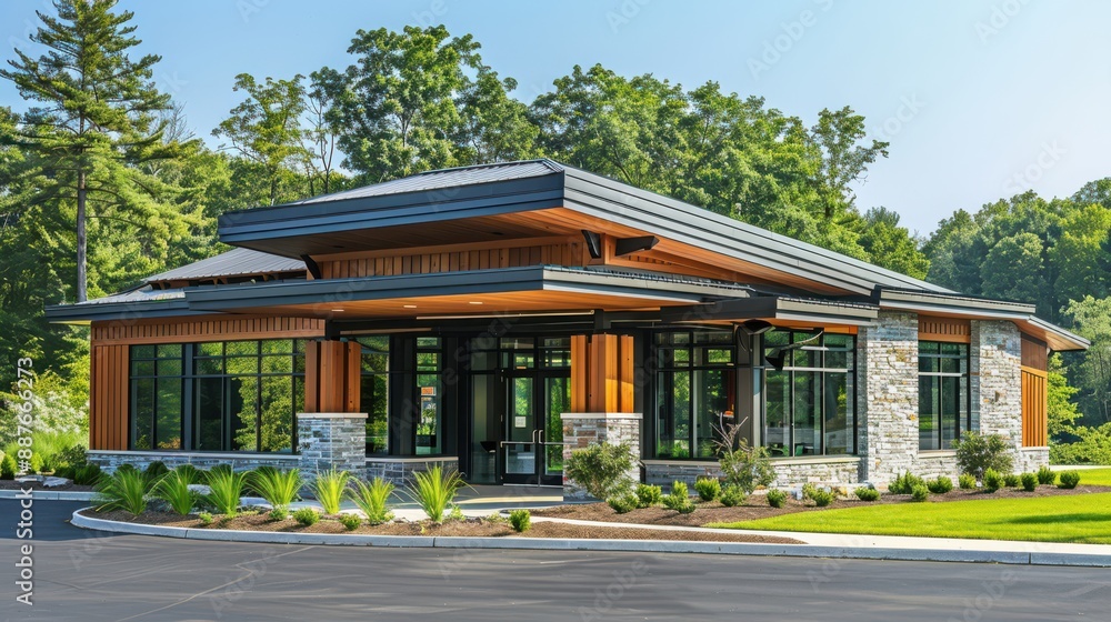 A large building with a lot of windows and a wooden front A large building with a lot of windows and a wooden front