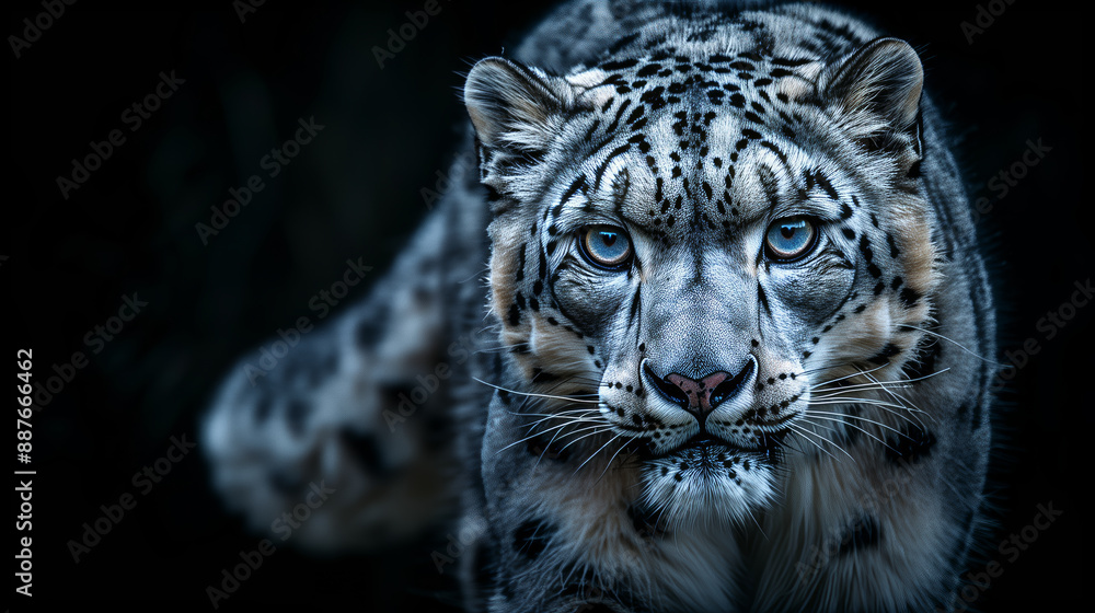 Fototapeta premium snow leopard, close-up photo, black background, exotic animal