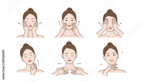 Skincare set. Collection of girl doing facial massage by lines. Beauty and hygiene concept. Vector illustration.