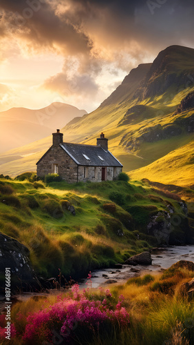 A rustic stone cottage on a rolling green hillside in the Scottish Highlands, with misty mountains in the background and wildflowers in the foreground