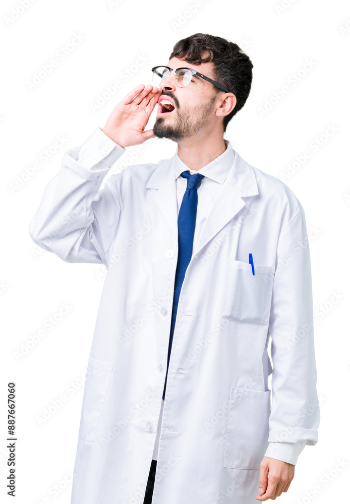 Young professional scientist man wearing white coat over isolated background shouting and screaming loud to side with hand on mouth. Communication concept. Young professional scientist man wearing white coat over isolated background shouting and screaming loud to side with hand on mouth. Communication concept.