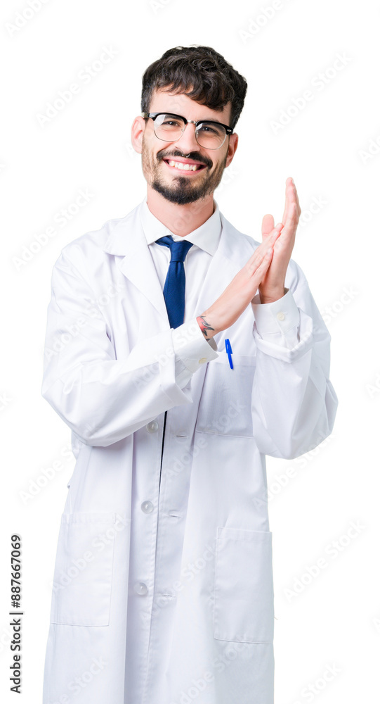 Young professional scientist man wearing white coat over isolated background Clapping and applauding happy and joyful, smiling proud hands together Young professional scientist man wearing white coat over isolated background Clapping and applauding happy and joyful, smiling proud hands together