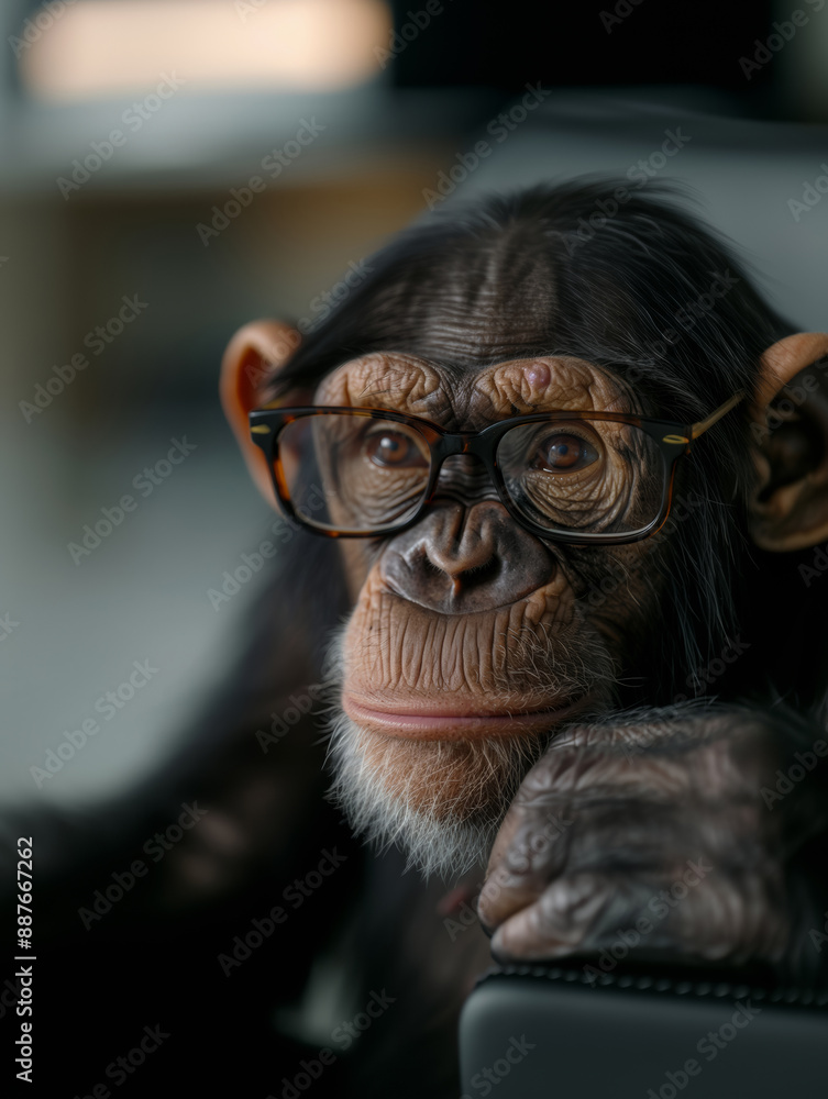 Vertical portrait of a chimpanzee wearing glasses sitting in a chair, close-up portrait Vertical portrait of a chimpanzee wearing glasses sitting in a chair, close-up portrait