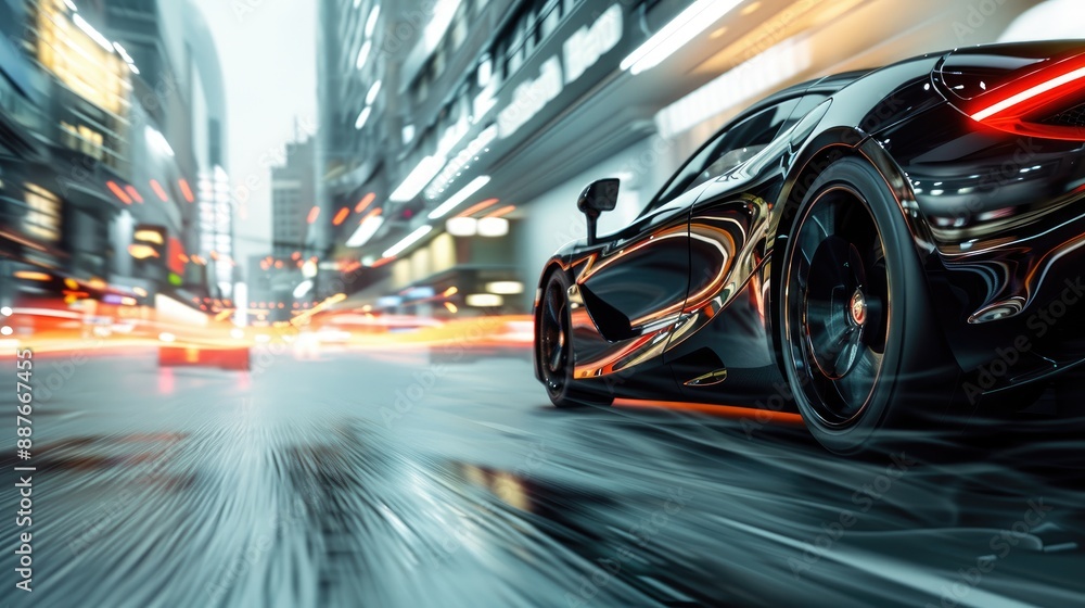 Rear view of black Business car on high speed in turn. Black car rushing along a high-speed highway Rear view of black Business car on high speed in turn. Black car rushing along a high-speed highway