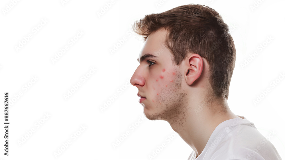 Fototapeta premium Rosacea & Skin Conditions : Men's Faces, copy space Treatment. Close-up of Couperose, Vascular Stars, Capillaries, Freckles, Back Rashes. Dermatology Insights