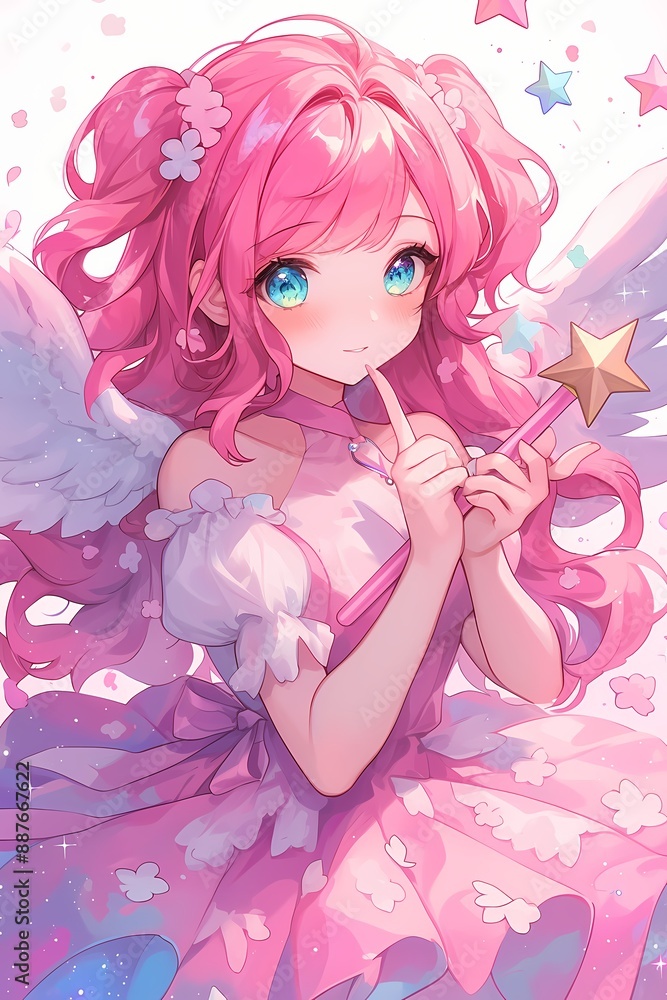 Fairy fantasy girl with magic wand, pink dyed hairs, wings Anime style illustration, anime background, fashion , character Fairy fantasy girl with magic wand, pink dyed hairs, wings Anime style illustration, anime background, fashion , character