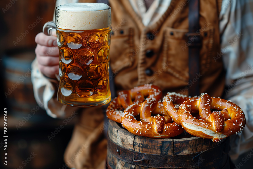 Fototapeta premium Traditional Bavarian man in lederhosen holding beer stein against a rustic wooden background with copy space 