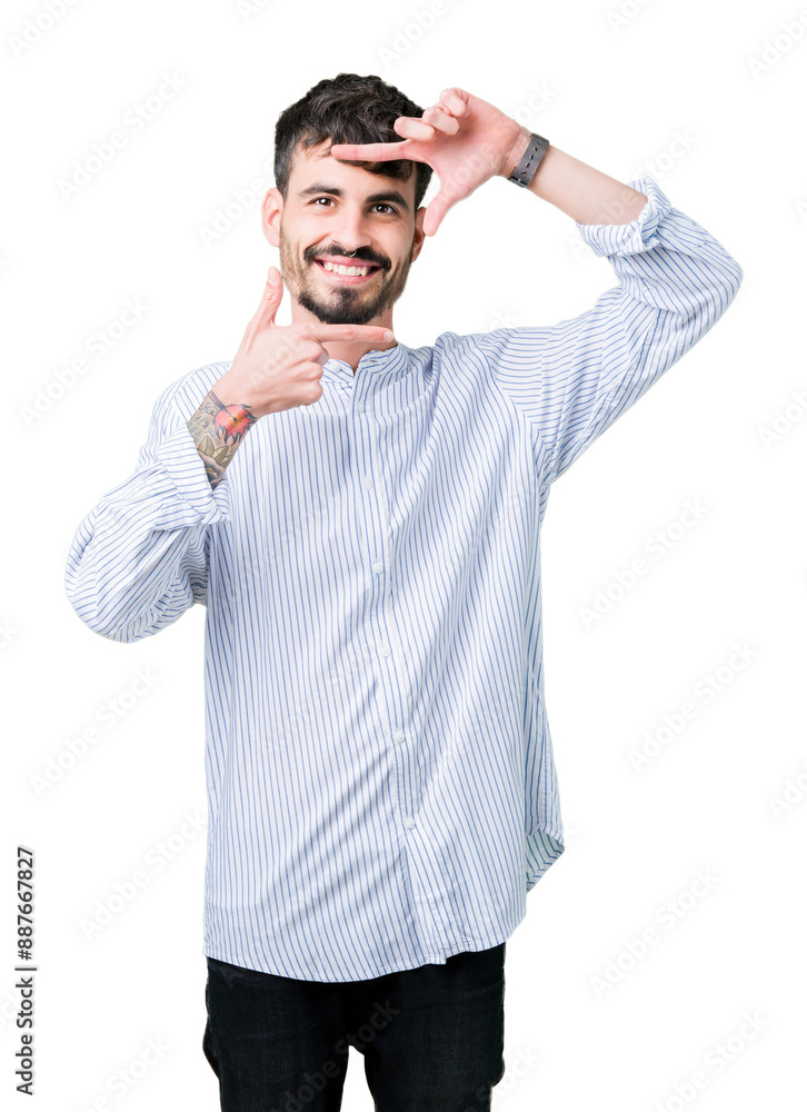 Young handsome business man over isolated background smiling making frame with hands and fingers with happy face. Creativity and photography concept. Young handsome business man over isolated background smiling making frame with hands and fingers with happy face. Creativity and photography concept.