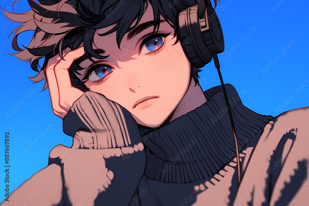 Fototapeta premium Boy wearing headphones listening to music, aesthetic blue background Anime style illustration, anime background, fashion , character