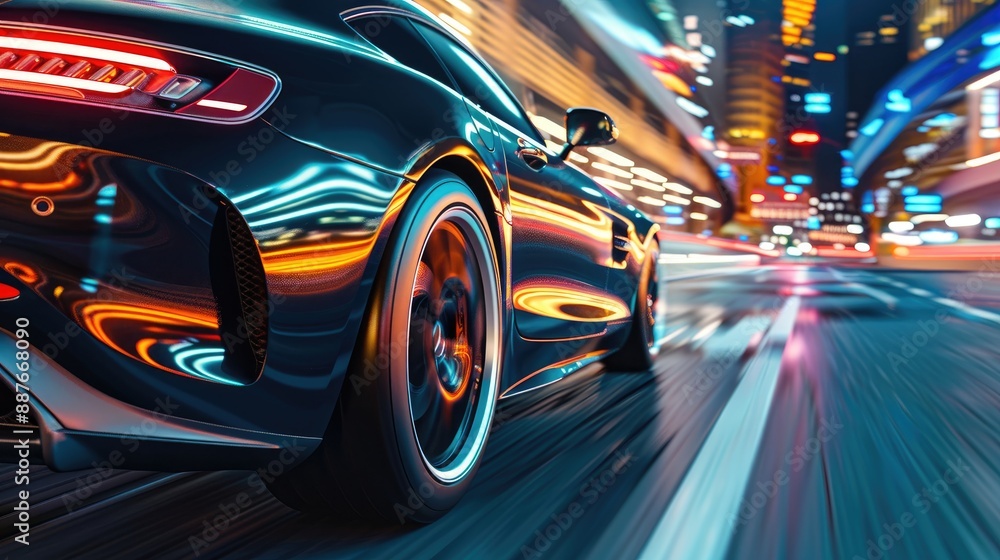 Rear view of black Business car on high speed in turn. Black car rushing along a high-speed highway Rear view of black Business car on high speed in turn. Black car rushing along a high-speed highway