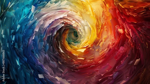 Vibrant colors and recycled paper textures in an abstract background resembling a vortex