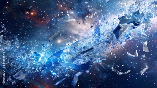 Dynamic background with metallic debris ribbons and celestial blue starlight