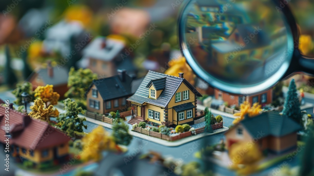 A magnified view of a neighborhood with houses and trees A magnified view of a neighborhood with houses and trees