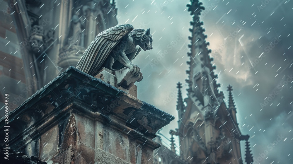 A gargoyle perched on a cathedral roof during a storm A gargoyle perched on a cathedral roof during a storm