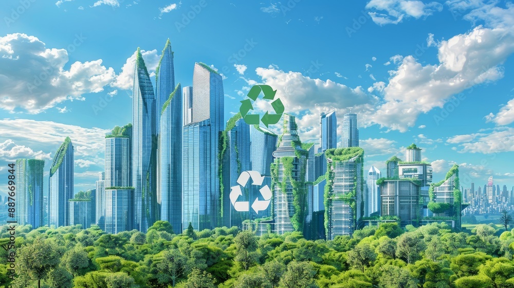 Obraz premium Recycling symbol on futuristic skyscrapers cityscape background with skies and parks