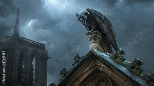 A gargoyle perched on a cathedral roof during a storm