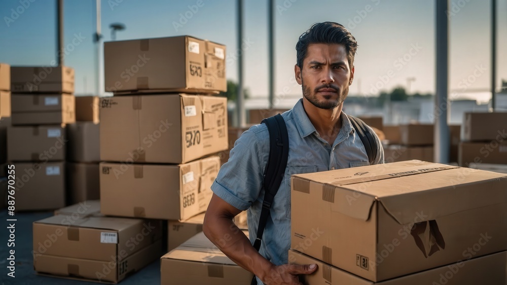 Man with a backpack holding a cardboard box in an outdoor storage area filled with stacked boxes.
Man with a backpack holding a cardboard box in an outdoor storage area filled with stacked boxes.