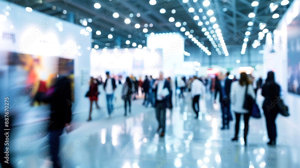 A blurred photo of an international business exhibition, with many elegantly dressed people walking around the floor and holding brochures. copy space for text. A blurred photo of an international business exhibition, with many elegantly dressed people walking around the floor and holding brochures. copy space for text.