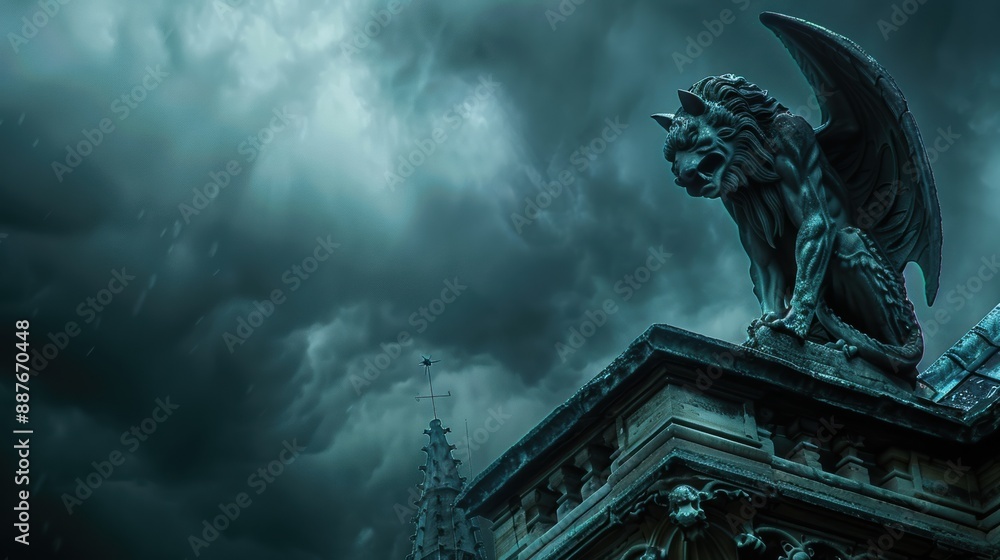 A gargoyle perched on a cathedral roof during a storm A gargoyle perched on a cathedral roof during a storm