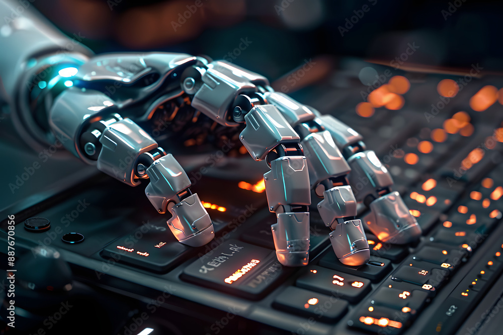 Artificial intelligence android robot hands writing text on compurter keypad. Artificial intelligence android robot hands writing text on compurter keypad.
