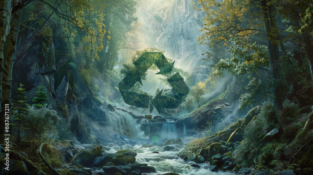 Obraz premium Recycling symbol in swirling greenery and mist with towering trees backdrop
