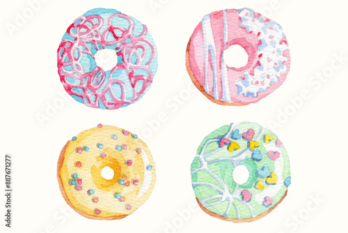 Watercolor hand drawn colorful donuts collection