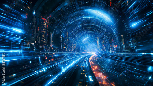 Futuristic High-Speed Cityscape with Glowing Lights and Digital Tunnel. Future Technology, Innovation, Dynamic Progress, Sci-Fi Cyber Energy, Transportation, Fast Motion, Modern Urban Metropolis