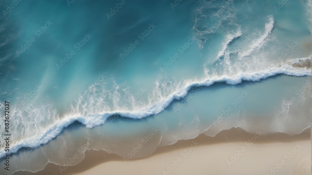 Aerial view beach waves crashing onto shore water Aerial view beach waves crashing onto shore water