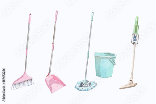 Watercolor house cleaning tools collection