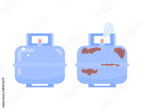 illustration of a blue gas cylinder that is in good condition with a rusty and leaking gas cylinder. gas cylinder emits smoke. condition of the object. symbol or icon. flat style design. graphic
