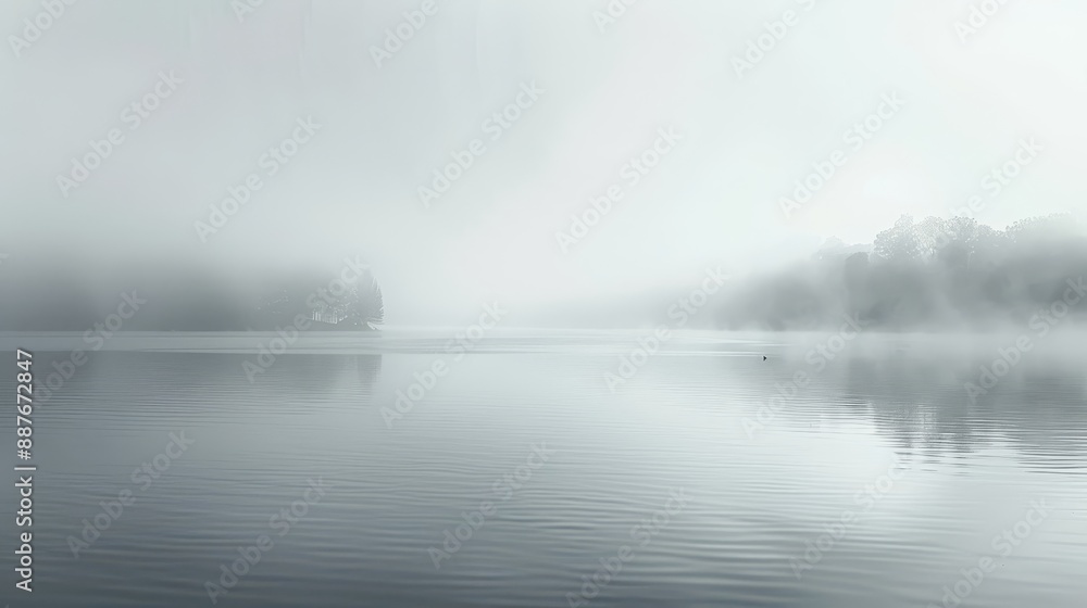 Fototapeta premium Tranquil lake with foggy wisps forms a serene wallpaper