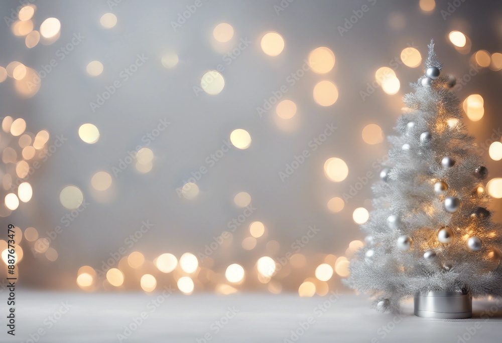 On a blurred festive bokeh background silver Christmas tree and silver balls On a blurred festive bokeh background silver Christmas tree and silver balls