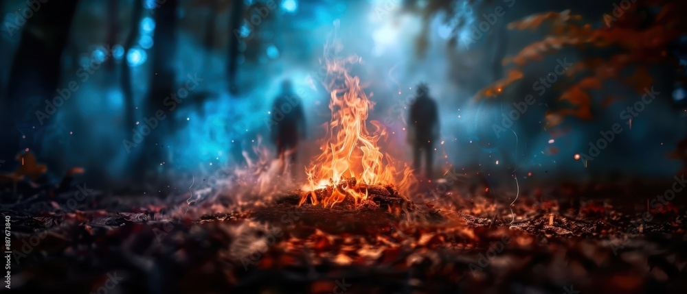 Enchanting Campfire in Mystical Forest with Silhouetted Figures and Glowing Flames Enchanting Campfire in Mystical Forest with Silhouetted Figures and Glowing Flames