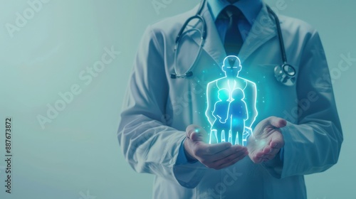 A doctor holding holographic family photo