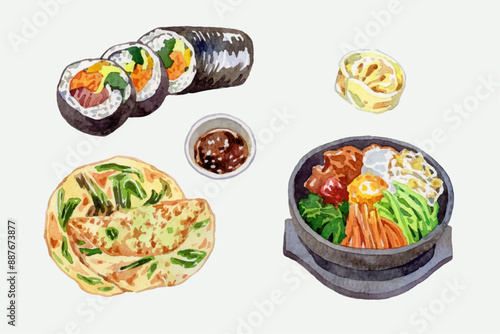 Watercolor Korean food elements collection